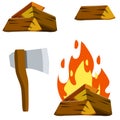 Fire and wood. Tourist camp. Axe for chopping logs. Element of summer activity and Hiking