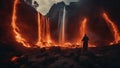 fire in the woods Horror Beusnita Waterfall of fire, with a landscape of burning trees and lava, with a demon