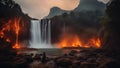 fire in the woods Horror waterfall with fire, with a landscape of burning trees and lava, with a Ban Gioc waterfall