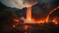 fire in the woods Horror waterfall of fire, with a landscape of burning trees and lava,