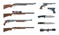 Firearms and ammunition. Military weapon. Army handgun and revolver gun. Various kind of rifle.