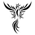 Firebird black silhouette drawn by various lines in a flat style. Tattoo, phoenix bird logo, emblem for clothing design, sticker Royalty Free Stock Photo