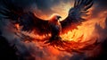 firebird flying against the background of the fire of the sunset. Generative AI