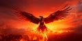 firebird flying against the background of the fire of the sunset. Generative AI