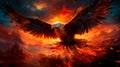 firebird flying against the background of the fire of the sunset. Generative AI