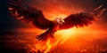 firebird flying against the background of the fire of the sunset. Generative AI