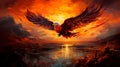 firebird flying against the background of the fire of the sunset. Generative AI