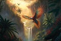 firebird soaring over lush, tropical landscape