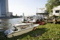 Fireboat and Vessel Municipal garbage with Eichhornia crassipes or common water hyacinth and many garbage at Choa praya river