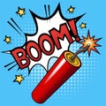 Firecracker or dynamite stick with a burning fuse and explosion with text BOOM. Halftone vector