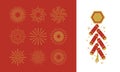 Firecracker set. 9 gold festive fireworks isolated on red background and Chinese firecracker icon. Royalty Free Stock Photo