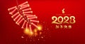 Firecrackers chinese fire work Rabbit new year 2023 on red and gold design background