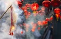Firecrackers are exploding with flashes and smoke in Lunar new year Royalty Free Stock Photo