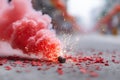 Firecrackers exploding on street during festive celebration, creating vibrant smoke and sparks, surrounded by colorful Royalty Free Stock Photo