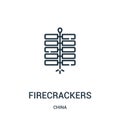 firecrackers icon vector from china collection. Thin line firecrackers outline icon vector illustration. Linear symbol for use on