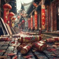 Firecrackers on Old Chinese Streets, Happy China New Year Festival, Holiday in Retro Chinese Streets Royalty Free Stock Photo