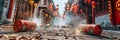 Firecrackers on Old Chinese Streets, Happy China New Year Festival, Holiday in Retro Chinese Streets Royalty Free Stock Photo