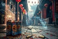 Firecrackers on Old Chinese Streets, Happy China New Year Festival, Holiday in Retro Chinese Streets Royalty Free Stock Photo