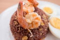 Fired brown rice with shrimp, carrot and boiled egg healthy clean food none oil added Royalty Free Stock Photo