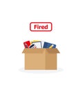 Fired. Business chair with box with office things. Unemployment, crisis, job cuts reduction. Loss of vacancy