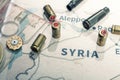 The fired cases and bullets from rifle. Background view on section area of Aleppo, Syria. Royalty Free Stock Photo
