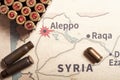 The fired cases and bullets from rifle. Background view on section area of Aleppo, Syria.