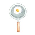 Fired egg in metal pan watercolor illustration.