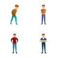 Fired manager icons set cartoon vector. Sad man employee with walking box