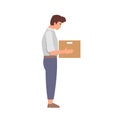 Fired office man worker holds box