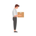 Fired office man worker holds box