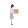 Fired office woman worker holds box