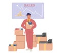 Fired office worker holding box with his things, vector illustration. Layoff, dismissal, unemployment, business failure.