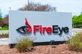 FireEye logo is displayed near cybersecurity company campus headquartered in Silicon Valley Royalty Free Stock Photo