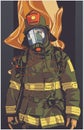 Stylized illustration print design of fire fighter in protective gear Royalty Free Stock Photo