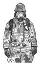 Stylized illustration print design of fire fighter in protective gear Royalty Free Stock Photo