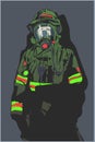 Stylized illustration print design of fire fighter in protective gear Royalty Free Stock Photo