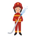 Cute firefighter girl in cartoon style. Funny kid in fire fighter red uniform holding hose Royalty Free Stock Photo