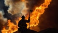 Firefighter in Action Against Intense Blaze