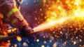 Firefighter in action battling intense flames with hose at night Royalty Free Stock Photo