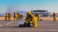 Firefighter in action with fire fighting equipment during training at the airport. Generative AI