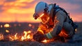Firefighter in action at sunset: courage, safety, flames, heroism and protection Royalty Free Stock Photo