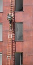 firefighter in action on the wooden ladder Royalty Free Stock Photo