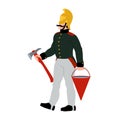 A firefighter with an axe and a bucket of water. Uniform of the Russian fire service of the 19th century.