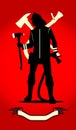 Firefighter with the axe and sprinkler, red color background com
