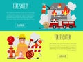 Firefighter banner vector illustration. Firefighting equipment firehose hydrant and extinguisher. Fireman in uniform