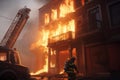 firefighter battles a blaze, using his hose to save a burning building