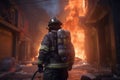 firefighter battles a blaze, using his hose to save a burning building