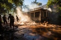 Firefighter battling intense house fire from behind with powerful gush of water from hose