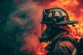 Firefighter Battling a Massive Fire, Firefighter in full gear getting ready to extinguish a massive fire, AI Generated Royalty Free Stock Photo