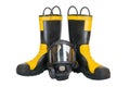 Firefighter boots and full facepiece gas mask